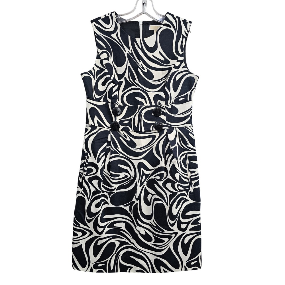 Michael Kors Sheath Dress Womens 6 Black White Swirl Print Button Detail Pockets